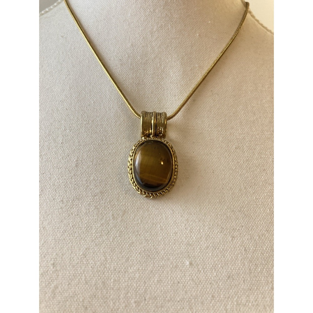 Gold Tone Faux Tiger Eye Necklace Oval Stone Pendant Snake Chain Earthy Brown